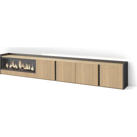 Skraut Home - TV-Schrank, Lowboard, für Wohnzimmer und Esszimmer, 315x50x35 cm, Für TV-Geräte bis zu 80", Elektrokamin XXL, Led, Moderner Stil, Eiche Schwarz (1/4)