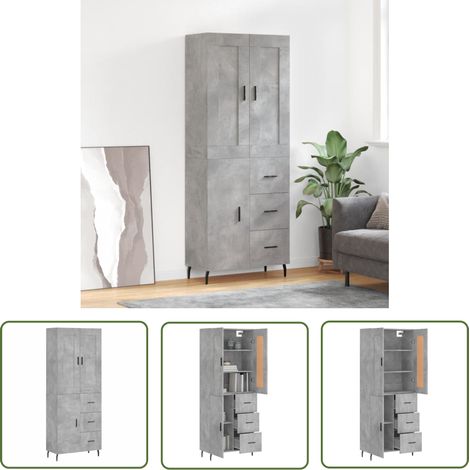 The Living Store Buffet haut Gris béton 69,5x34x180 cm Bois d'ingénierie - Buffet Design Moderne - Meuble Rangement Gris - Armoire Cuisine - Buffet Haute Capacité - Buffet Salon (1/5)
