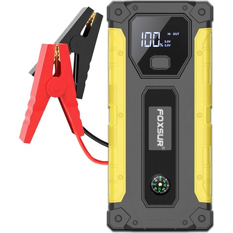 Démarreur portable 12 V avec boussole et lampe, adapté aux voitures et aux motos, compatible avec les moteurs diesel 5 litres et les moteurs essence 6 litres, équipé de ports USB et Type-C.