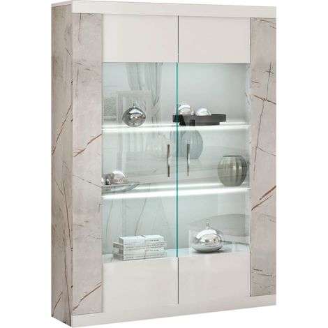 Altobuy – Vitrine 2 portes blanche – Éclairage LED intégré – Décor marbre brillant – Dimensions 100 x 43,5 x H175 cm