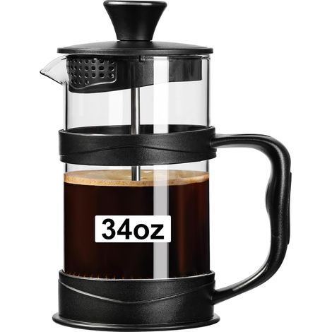 Cafetière à piston française de 963,9 g avec écran à 3 filtres, presse française de camping en verre borosilicate résistant à la chaleur, cafetière portable pour voyage et maison (noir) (1/5)