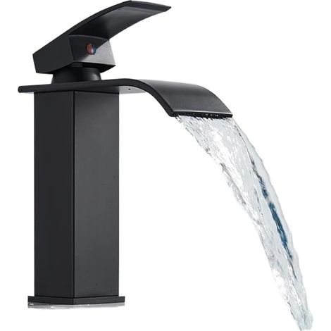 Robinet de cuisine Robinet de lavabo noir mat, robinet de salle de bains en laiton à levier monté sur le pont, robinet de salle de bains en cascade, robinets mélangeurs d'eau chaude et froide(Black Sh (1/5)