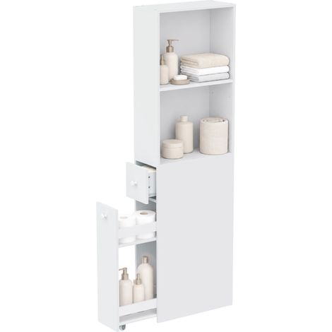Petit meuble, slim, gain de place, blanc, 40 × 18 × 135 cm, MDF, 15 kg, avec roulettes, tiroir (1/5)