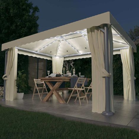Pavillon mit Vorhang und LED-Lichterkette 4x3 m Cremeweiß