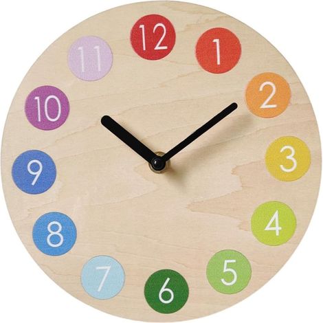 Horloge Murale Silencieuse en Bois 29 CM Chiffres Arc-en-Ciel Colorés Design Rond pour Chambre d'Garçon et Filles Décoration Murale sans Bruit Fonctionnement Couleur Aléatoire (1/5)