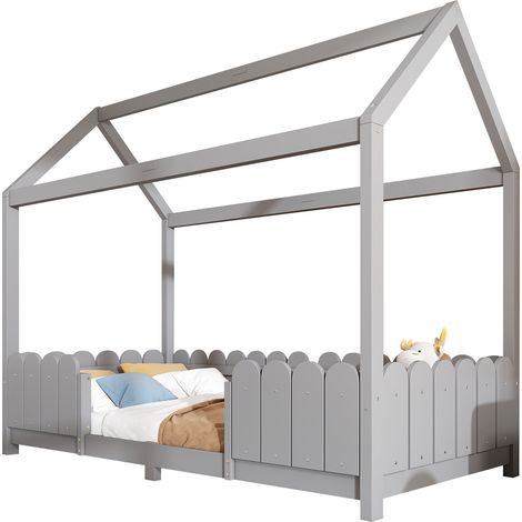 Lit cabane enfant bois massif gris 90x200 cm avec barrières anti-chute et sommier à lattes (1/5)