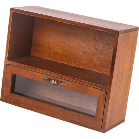 Boîte de rangement de bureau avec tiroir et placard ouvert, organisateur de bureau rétro en bois pour bureau ou chambre. (1/5)