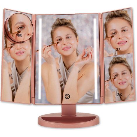 Miroir de Maquillage avec lumière LED, grossissement 1x/2x/3x/10x, Miroir Pliable à 3 Volets, Rotation 180°, écran Tactile, Double Alimentation et Design élégant (1/5)