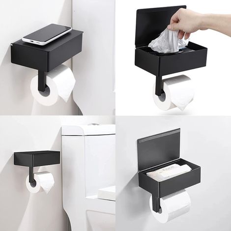Support métallique pour papier toilette avec distributeur de lingettes flushables, porte-rouleau mural avec étagère et rangement (1/3)