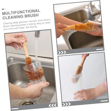 Brosse de nettoyage multifonctionnelle en bois de palmier 23 x 5,5 cm. Brosses pour bouteilles d'eau et biberons. Brosse à vin incurvée. Lot de 2. Usage domestique. Nettoyage en profondeur. (1/5)