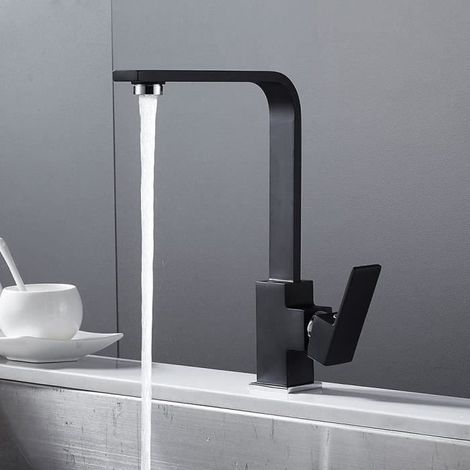 Robinet de cuisine carré avec bec haut - Robinet mitigeur pour évier de cuisine - Laiton , noir (1/4)