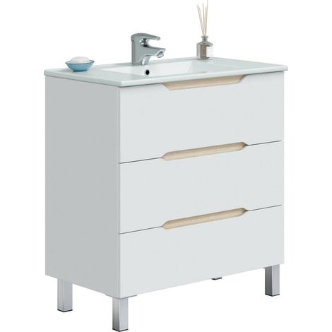 Dmora - Mobile sottolavabo Dianmu, Mobiletto da bagno, Contenitore porta lavabo, Armadio per lavandino, 80x45 h86 cm, Bianco lucido e Rovere