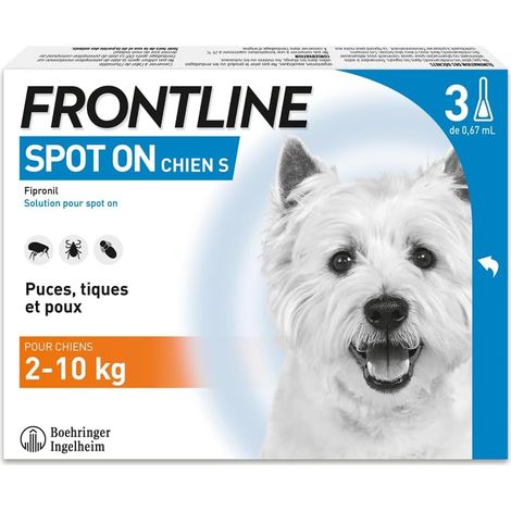 Frontline Spot on Chien - Anti Puces, Anti-Tiques et Poux - Élimine Puces Pendant 8 Semaines-Tiques Pendant 4 Semaines - pour Petit Chien 2 à 10 kg - Fabriqué en France - 3 Pipettes (1/5)