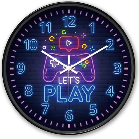 Horloge murale néon ronde (10 pouces) sur le thème des jeux vidéo avec décoration de manette de jeu « Jouons ensemble » (piles non incluses) (1/5)