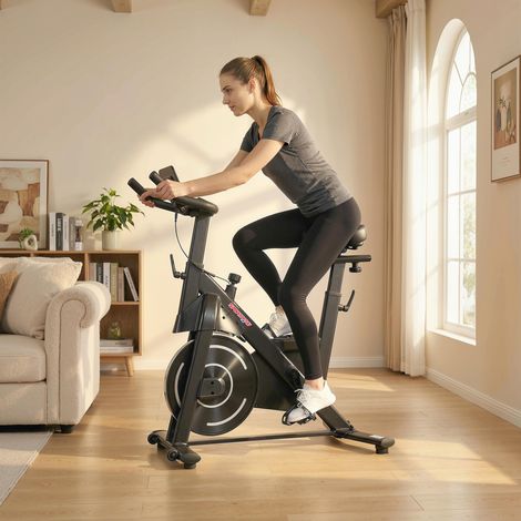 Verstellbares magnetisches Heimtrainer-Fahrrad mit LCD-Display und Tablet-Halterung, aus Stahl und ABS, 103 x 49 x 98–112 cm, Schwarz
