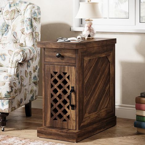 Tribesigns Rustic Wood End Table, Narrow Side Table with Drawer and Cabinet, Farmhouse Nightstand End Table for Small Space, Living Room, Bedroom, Rustic Brown (1/5)