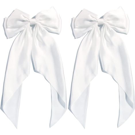 Horquilla francesa grande blanca para el cabello de niña, con cinta larga de satén sedoso, lazo, pinza para el cabello lisa, accesorios para el cabello (juego de 2). (1/5)