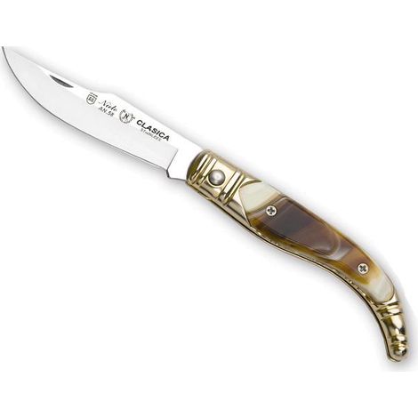 Couteau classique 0608 Miguel Nieto de 16 cms, avec lame en acier de 7 cms et mango de bain d'or et corne d'imitation de toro