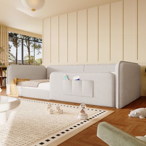 Lit plateforme 90x200 cm avec housse en lin doux, rembourrage en mousse et cadre de sécurité intégral, beige (1/5)
