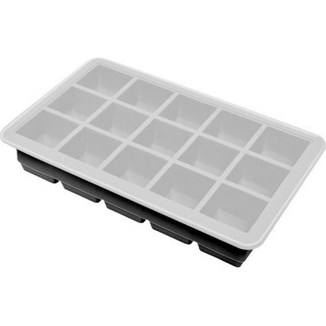 Moule à glaçons carré et empilable en silicone souple (15 compartiments, noir), grand format, avec couvercle. (1/5)