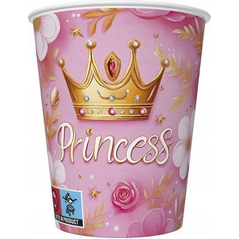 Bicchieri di carta rosa con corona da principessa per compleanno a tema principessa, 250 ml, confezione da 8 pezzi.