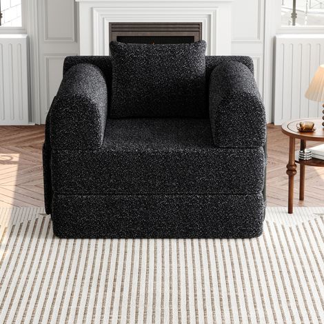 2-in-1 1-Sitzer Schlafsofa aus schwarzer Chenille, Stauraum in der Armlehne, 3 Stahlrahmen (1/5)