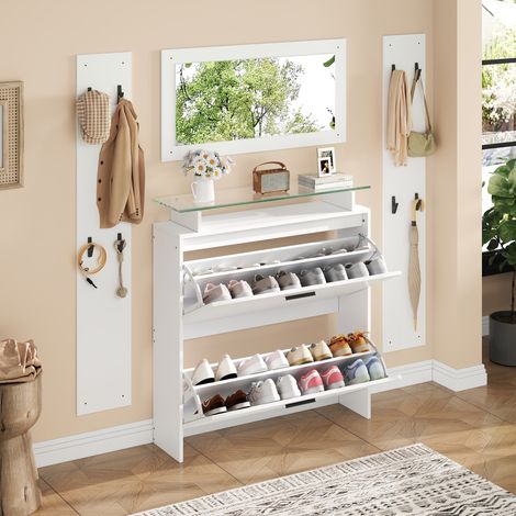 Scarpiera 4 pezzi con specchio, 2 attaccapanni, mobile soggiorno/ingresso, 8 ganci, bianco (1/5)
