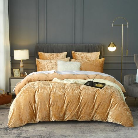 Parure de lit d'hiver 155 x 220 cm En velours Doré, moelleuse et chaude Housse de couette double réversible Avec fermeture éclair et 2 taies d'oreiller de 80 x 80 cm (1/5)