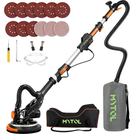 Ponceuse à sec 900 W Ponceuse murale et ponceuse de plafond avec aspiration, 1800 tr/min, vitesse 6 niveaux, manche télescopique pliable, lampe LED, 12 feuilles abrasives incluses (1/5)