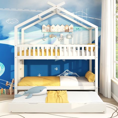 Hausbett Kinderbett Jugendbett 90 x 200 cm ausziehbar weiß mit 3 Betten (1/2)
