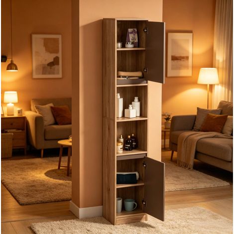 Mobiletto da Bagno Alto e Slim in MDF e Truciolare 30x24x170 cm Grigio e Rovere (1/5)
