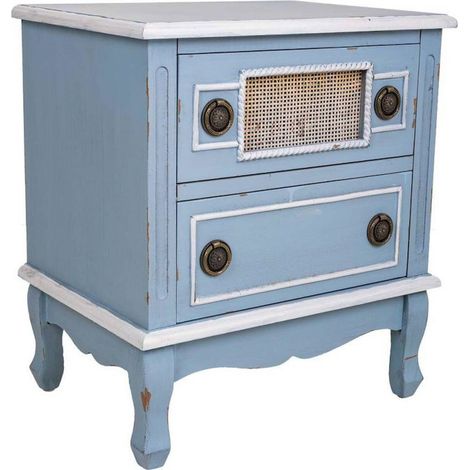 Table de chevet bleu à deux tiroirs en bois et rotin - bleu doux et bois naturel (1/5)