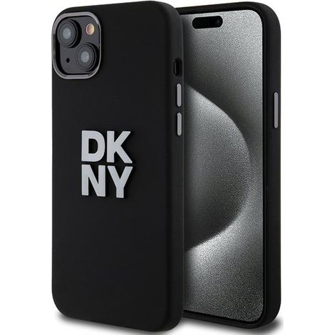 Funda rígida negra DKNY DKHCP15SSMCBSK para iPhone 15/14/136,1", de silicona líquida con logotipo metálico. (1/5)