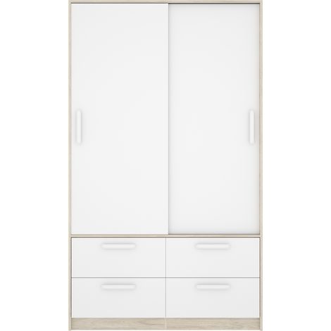 Pegane – Armoire en bois mélaminé 2 portes coulissantes 4 tiroirs – Coloris chêne naturel et blanc – Dimensions 120x60x204 cm (1/5)