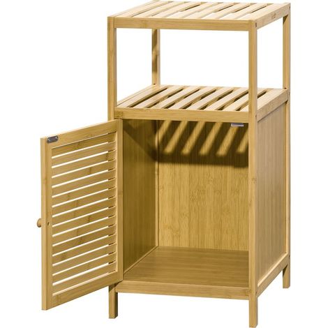 Meuble de rangement pour salle de bain en bambou 2 étagères et 1 placard avec porte 33 x 36,5 x 67 cm naturel (1/5)