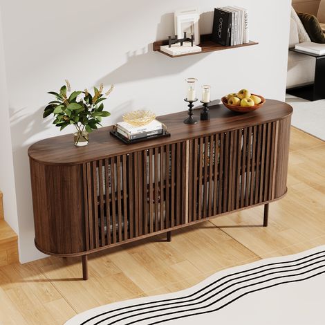 Buffet bas arrondi 160x40 cm avec 4 portes coulissantes ajourées, étagères réglables et pieds métal, MDF, Effet noyer (1/5)