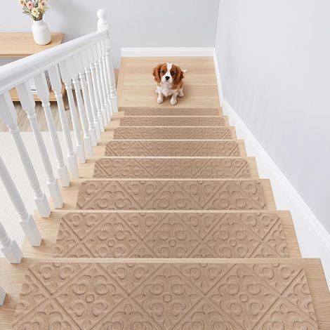 Lot de 15 Marchettes d'Escalier Antidérapant 20 x 76 cm, Tapis de Protection Autocollants avec Adhésif Réutilisable(Beige) (1/5)