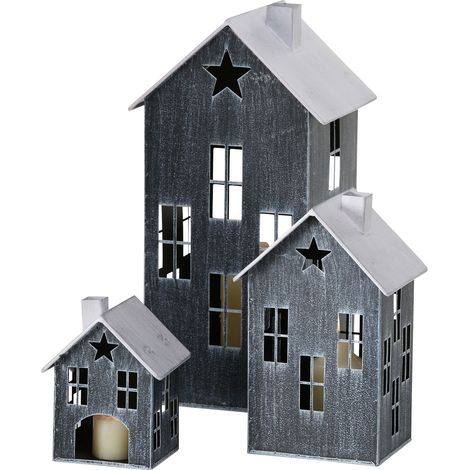Metall Laterne Haus 3er Set 36 / 23 / 14 cm - schwarz - Deko Windlicht Lampion Kerzenhalter Außen