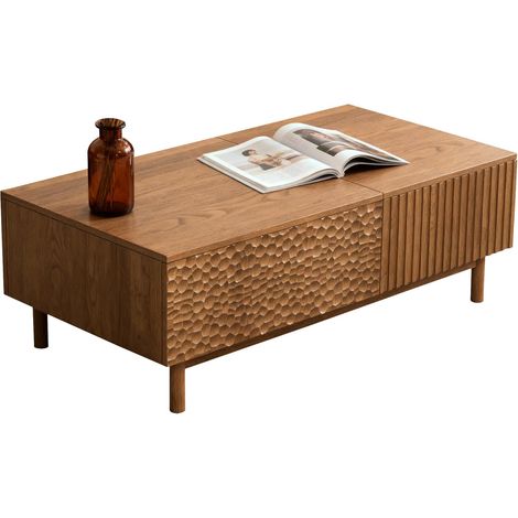 Table basse relevable carrée, structure bois et métal, couleur noyer,Motif poisson (1/5)