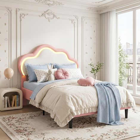 Lit Enfant capitonné 90x190 cm, Lit fille - Tête de Lit Nuage avec LED - Sommier à Lattes Inclus, Design Scandinave, Rose (1/4)