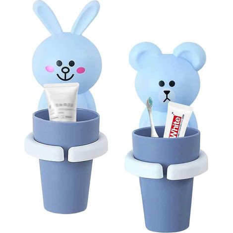Gobelet Mural Enfant - Forme Animal - Fixation Adhésive Sans Perçage - Pour Brosse À Dents Et Dentifrice - Lot De 2 (1/5)