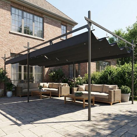 Pérgola de Jardín 6x3 m Gazebo con Techo Retráctil de Poliéster Resistente a los Rayos UV Gris Oscuro