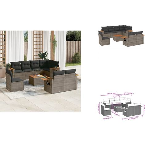 Salon de jardin 9 pcs avec coussins gris résine tressée - Salon De Jardin - Canapé Extérieur - Mobilier De Jardin - Set Salon De Jardin - Résine Tressée