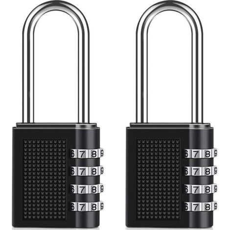 -Cadenas à Combinaison Manille Longue [2 Pièces], 4 Chiffres Serrure Combinée, pour Casier de Gym à L'école, Remise, Clôture (Noir) (1/4)