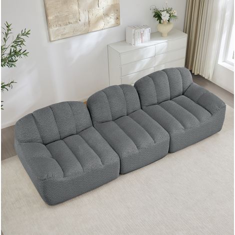 Sofá modular de 3 plazas sin estructura, asiento profundo, tejido bouclé gris DESVIAE (1/5)