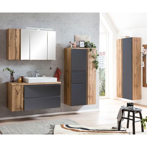 Badezimmer Möbel Set mit Keramik-Aufsatzbecken rechts und LED Beleuchtung, Wotan Eiche Nb. mit matt grau, VASTO-03-GREY (1/5)
