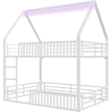 Cama alta tipo casa 140x200 cm de metal blanco con barandilla y LED (1/5)