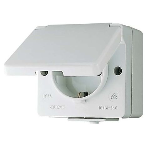 Jung Toma de corriente SCHUKO®, 16 A 250 V , con base hueca para cableado continuo, vertical, IP 44, WG 600 620 WX