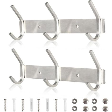 Lot de 2 porte-manteaux muraux argentés avec 3 crochets en acier inoxydable, charge maximale 30 kg, pour salle de bain, couloir, cuisine, jardin, vestes, serviettes, style moderne. (1/5)