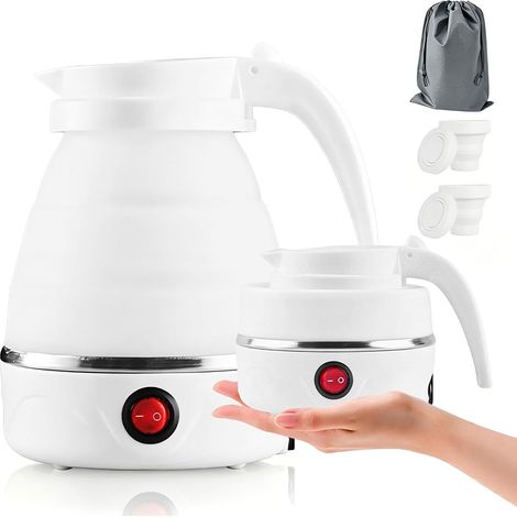 Bouilloire pliable 0,6 l, 750 W, avec fond en acier inoxydable, bouilloire de camping en silicone, avec arrêt automatique, portable pour la randonnée en plein air, multicolore (blanc) (1/5)